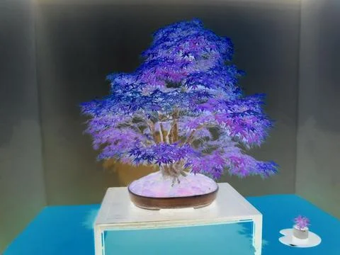 Inverted image - Large bonsai tree with quinate leaves, multiple branches and Stock Photos