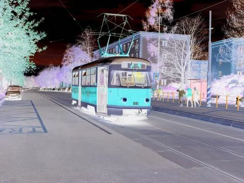 Inverted image - Old red communistic tram on exhibition tour through Ostrava. Stock Photos