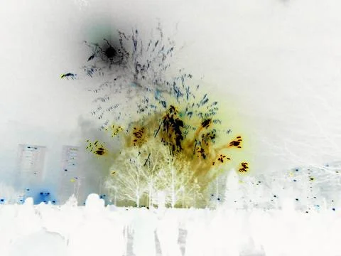 Inverted image - Remainder of firework explosion in cloud of smoke and dust over Stock Photos
