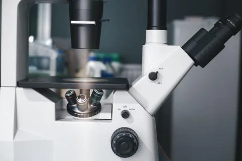 The inverted microscope in the laboratory. Stock Photos