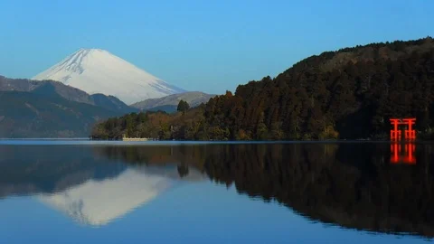 Inverted Mount Fuji and Torii of Peace of Hakone Shrine Japan Stock Footage 85644515