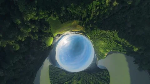 Inverted Planet to Tiny Planet Transition over Danube Valley Austria Stock-Footage 345022547