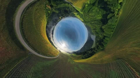 Inverted Tiny Planet Transition to Mühlviertel and Danube Aerial View Stock Footage 345022640