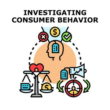 Investigating consumer behavior purchasing habits research Stock Illustration