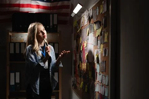 Investigation and problem solving. policewoman at night. Investigator working Stock Photos