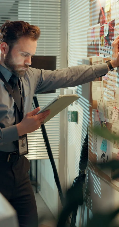 Investigation, board or man in office with tablet, cross reference or Stock Footage 319821483