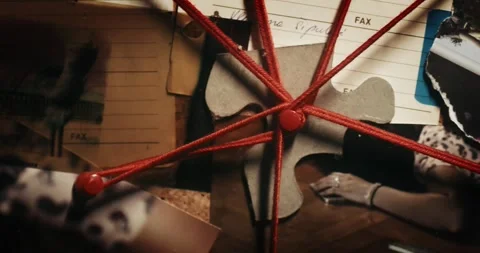 Investigation cork board,  with a web of red strings, connecting various Stock Footage 264880720