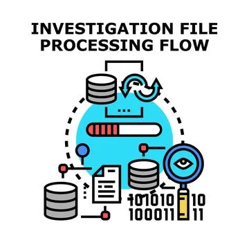Investigation file processing flow analyzing digital data Illustrazione stock