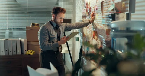 Investigation, tablet and mind map with man in office for police records Stock Footage 314793601