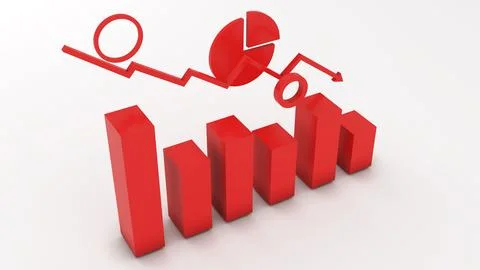 The investment graph features red bar graphs with downward-pointing arrows .. Stock Illustration