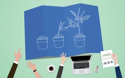 Investment process plan concept illustration with team mange on blueprint with Stock Illustration