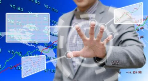Investor analyzing data with touch screen computer Stock Illustration