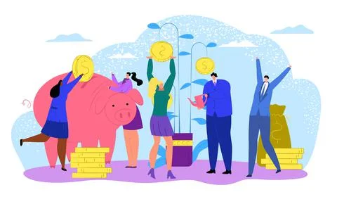 Investor tiny character together save money in piggy bank, gold coin cash stack Illustrazione stock