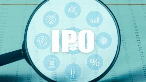 Investors examine data on initial public offering IPO with focus on market Stock Photos