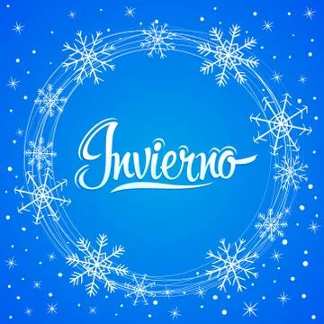 Invierno, Winter spanish text, vector snowflake lettering design. Stock Illustration