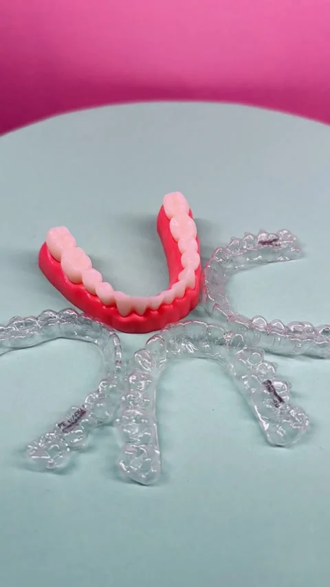 Invisible dental teeth brackets tooth aligners on blue background. Plastic .. Stock Footage 318591692