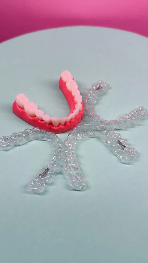 Invisible dental teeth brackets tooth aligners on blue background. Plastic .. Stock Footage 318591718