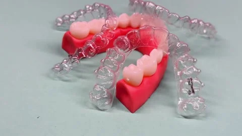 Invisible dental teeth brackets tooth aligners on blue background. Plastic .. Stock Footage 318591736