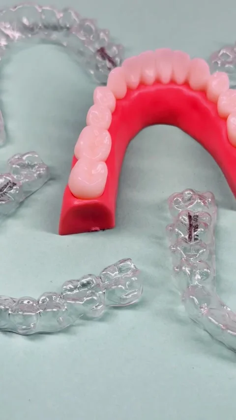 Invisible dental teeth brackets tooth aligners on blue background. Plastic .. Stock Footage 318591737