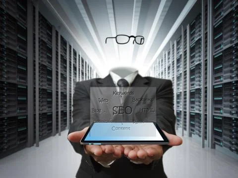 Invisible man hold tablet and seo diagram as concept Ilustración de archivo
