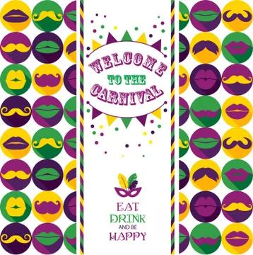 Invitation card on seamless pattern of moustaches and lips. Stock Illustration