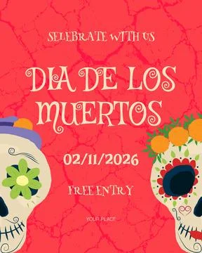 Invitation to an event celebrating DIA DE LOS MUERTOS, with a couple of cute Ilustração Stock