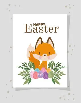 Invitation with happy easter lettering with one cute fox and one basket full of Stock Illustration