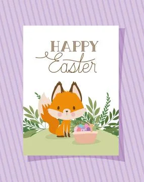 Invitation with happy easter lettering with one cute fox and one basket full of Stock Illustration