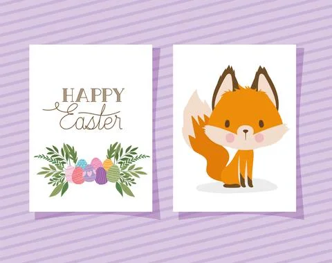 Invitation with happy easter lettering with one cute fox and one basket full of Stock Illustration