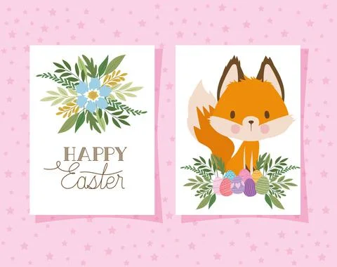 Invitation with happy easter lettering with one cute fox and one basket full of Stock Illustration