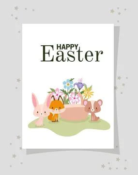 Invitation with happy easter lettering,one cute pink bunny, fox, bear and one Stock Illustration