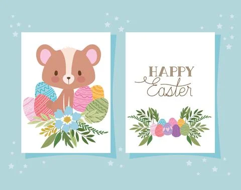 Invitation with happy easter lettering,one cute bear and one basket full of Stock Illustration
