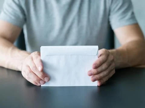 Invitation letter man stack white envelopes Foto stock