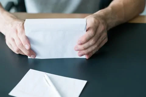 Invitation letter man stack white envelopes Foto stock