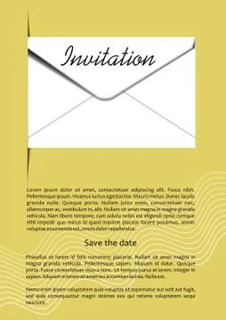 Invitation template with mailing envelope, 3d illusion, white envelope on golden Stock Illustration