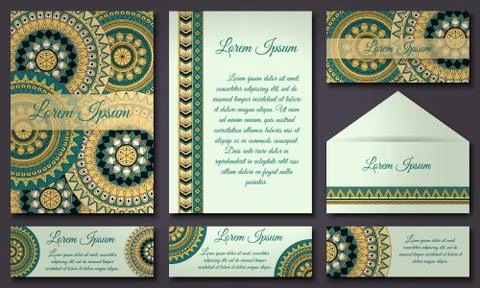 Invitations and banners template set. Floral mandala pattern and ornaments. O Stock Illustration