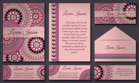 Invitations and banners template set. Floral mandala pattern and ornaments. O Stock Illustration