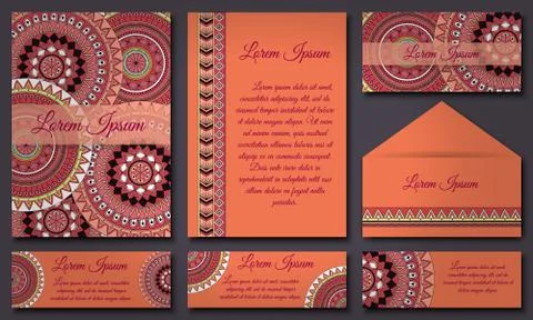 Invitations and banners template set. Floral mandala pattern and ornaments. O Stock Illustration