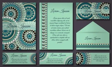 Invitations and banners template set. Floral mandala pattern and ornaments. O Stock Illustration