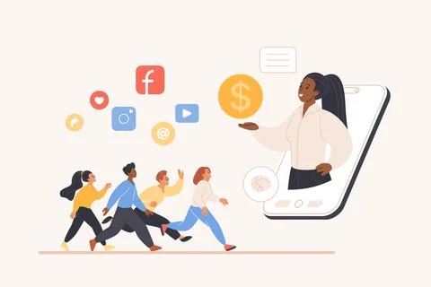 Invite friend loyalty program, influencer on screen offering tiny followers to 스톡 일러스트