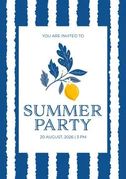 Invite to Summer Party on 20 August 2026 at 3 PM With Lemon Design and Blue.. Stock Illustration