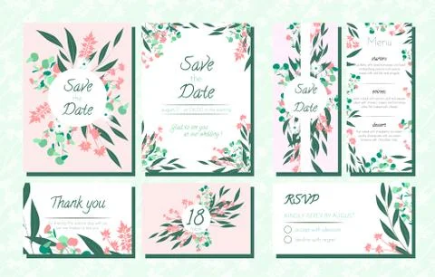 Invite Templates Set with Eucalyptus. Stock Illustration