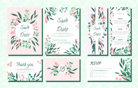 Invite Templates Set with Eucalyptus. Stock Illustration