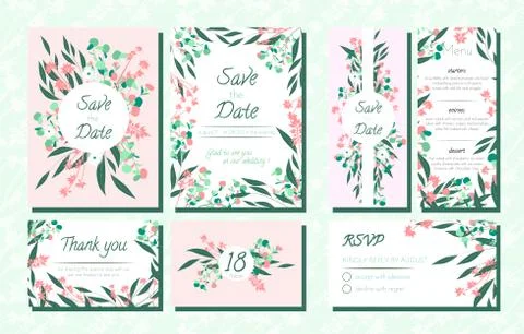 Invite Templates Set with Eucalyptus. Stock Illustration