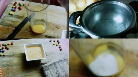Inviting culinary sequence of finished flan paired with its preparation steps Stock Photos