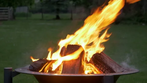 Inviting Fire Pit BBQ with burning wood and ember surrounded by trees Close Up Stock Footage 144152339