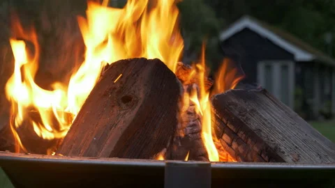 Inviting Fire Pit BBQ with burning wood and ember surrounded by trees Close Up Stock Footage 144153741