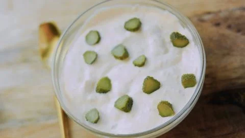 Inviting focused kitchen: presenting finished creamy pickle sauce Stock Photos