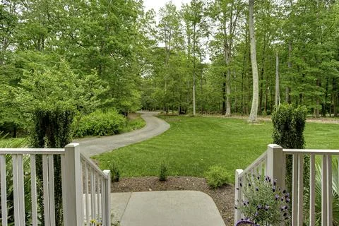 Inviting Front Yard Pathway With Lush Greenery Leading To The Forest. Stock Photos