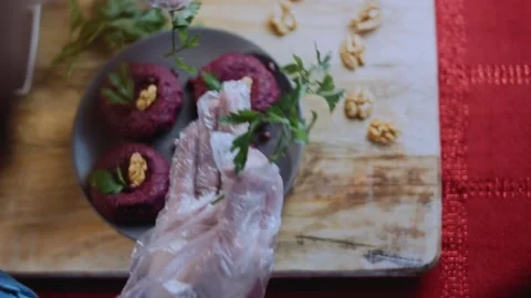 Inviting serving detail: capturing walnut and beet texture Stock Footage 342200483